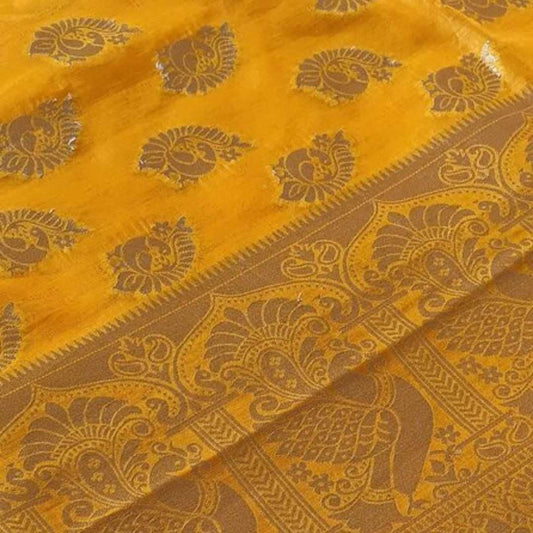 YELLOW PEACOCK BUTTA MOTIFS BANARASI SEMI SILK SAREE