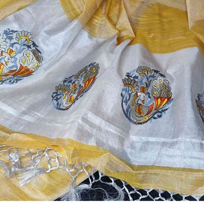 GOLDEN YELLOW EMBROIDERY BANARASI TISSUE SILK SAREE