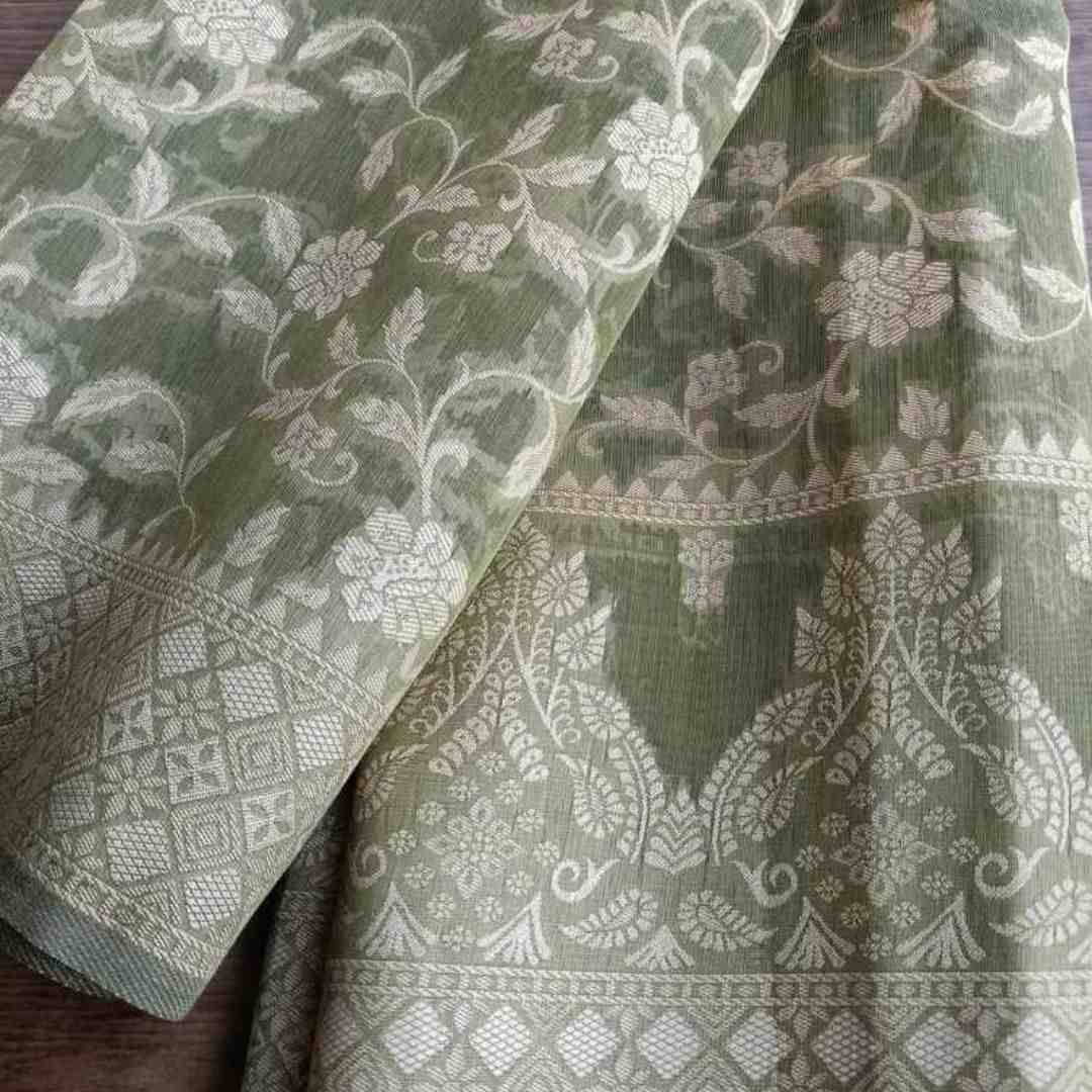OLIVE GREEN FLORAL JAAL BANARASI TISSUE COTTON SAREE