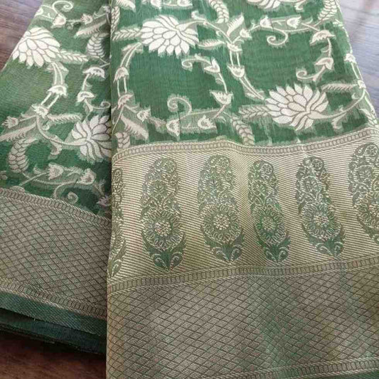 GREEN FLORAL JAAL BANARASI TISSUE COTTON SAREE