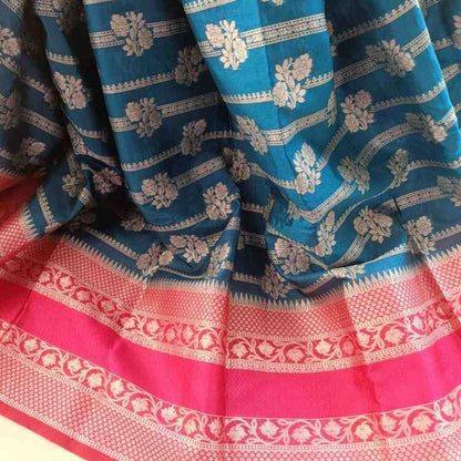 BLUE STRIPED FLORAL BANARASI WAAM SILK SAREE