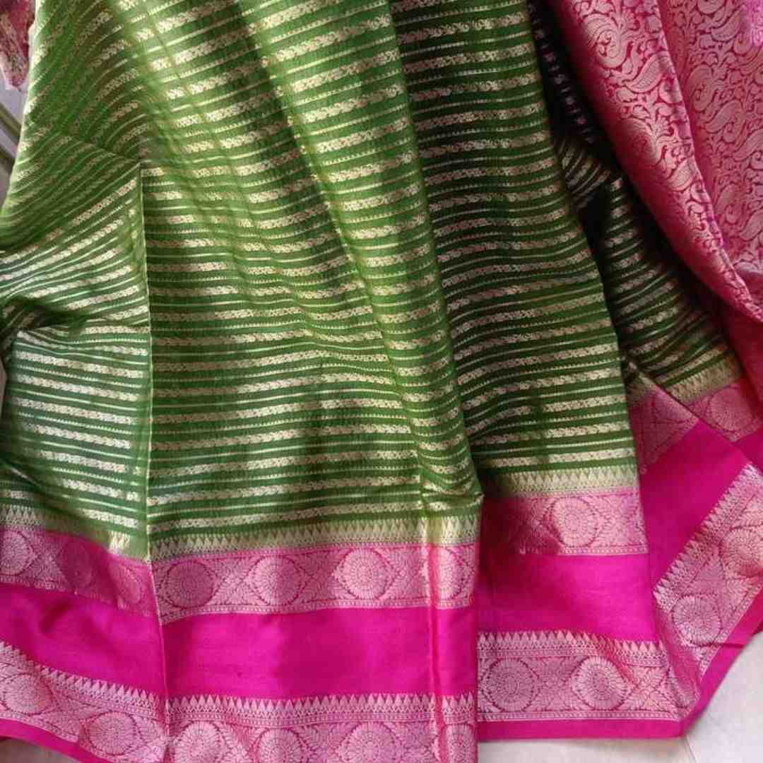 PARROT GREEN STRIPED BANARASI WAAM SILK SAREE