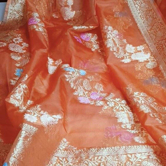 CARROT ORANGE LEHARIYA MEENAKARI BANARASI ORGANZA SAREE