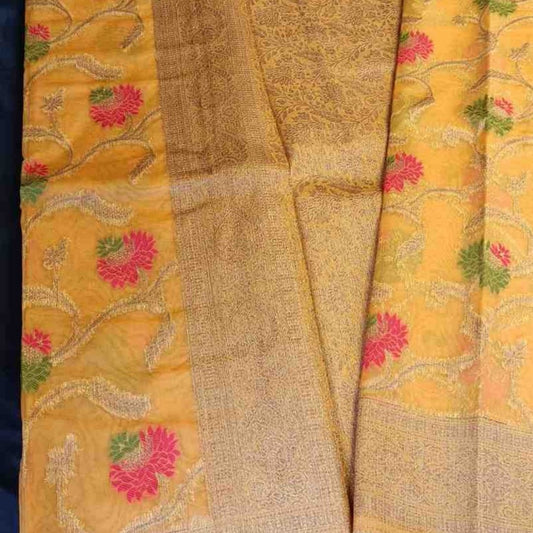 YELLOW ANTIQUE MEENA JAAL PARTY ORGANZA