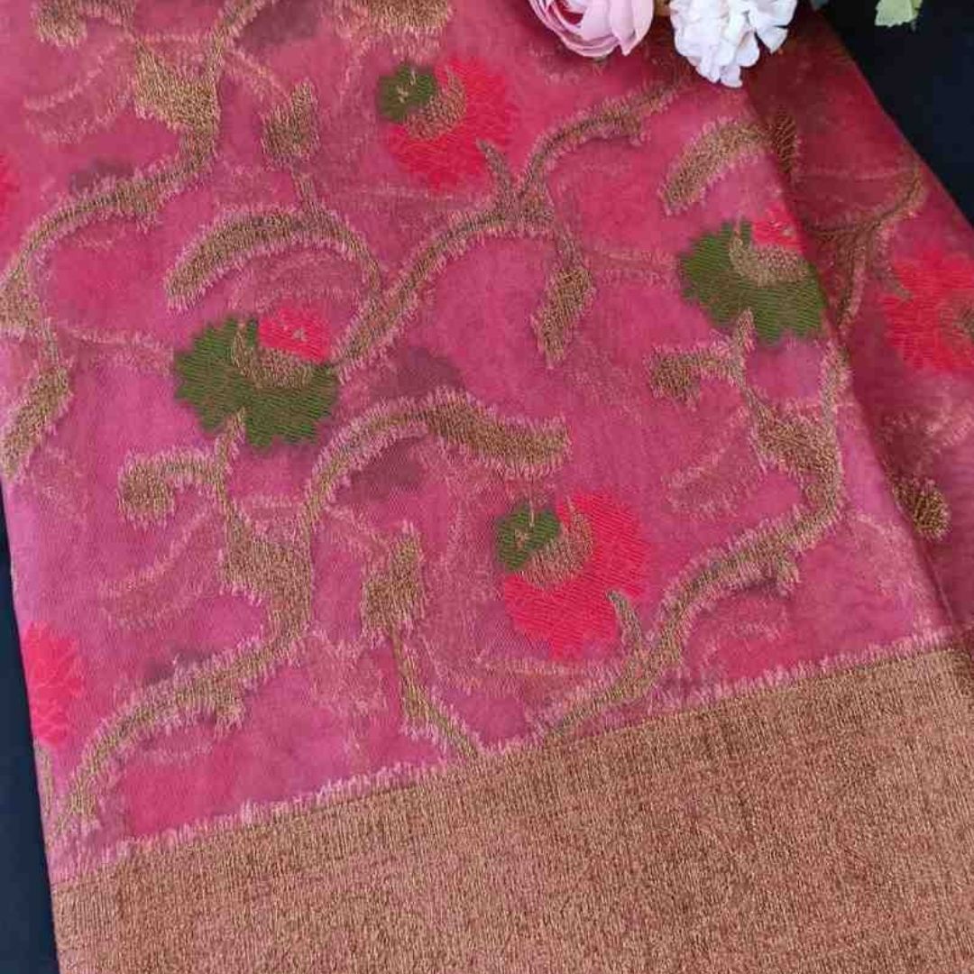 ONION PINK ANTIQUE MEENA JAAL PARTY ORGANZA
