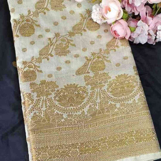OFF WHITE ANTIQUE FLORAL LEHARIYA SEMI SILK