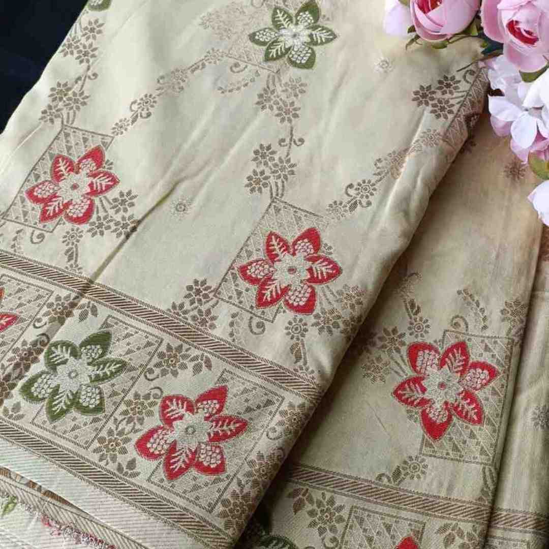 GREENISH WHITE FLORAL JAAL MEENA BANARASI VISCOSE SAREE