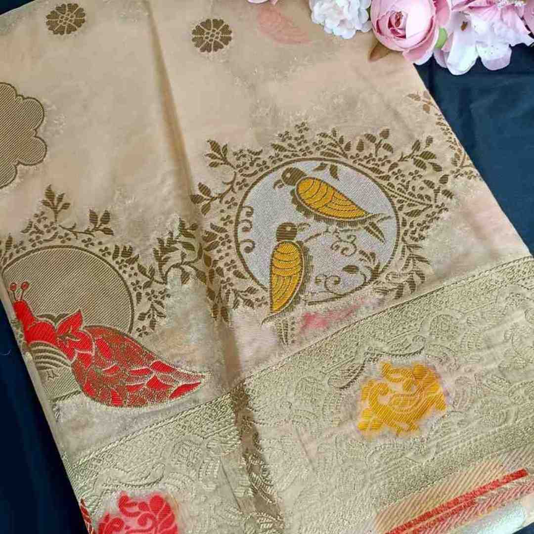 OFF WHITE PARROT PARTY BANARASI ORGANZA SAREE