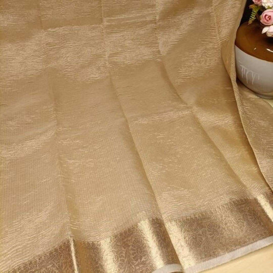 CREAM  FLORAL BORDER  CRUSHED TISSUE  BANARASI SILK SAREE