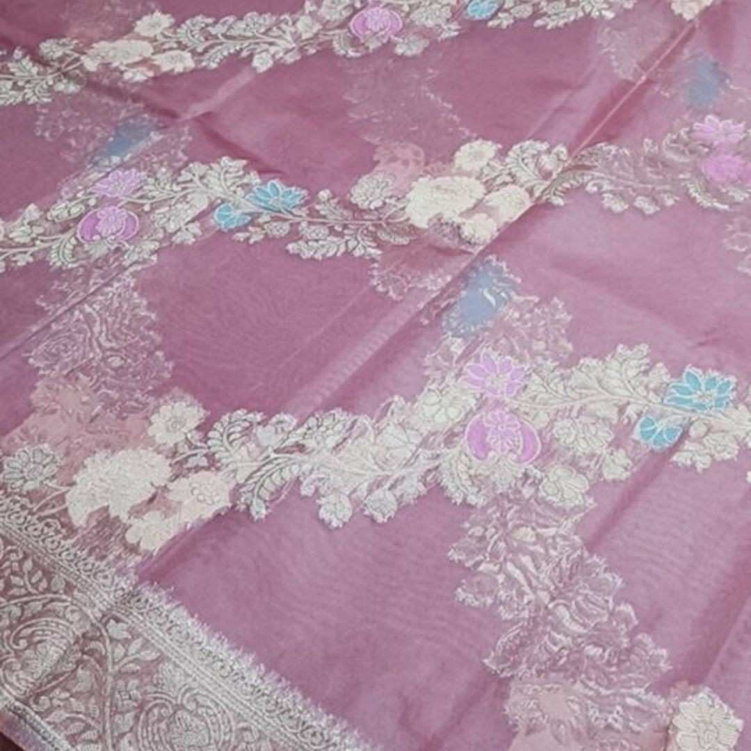 ONION PINK LEHARIYA MEENAKARI BANARASI ORGANZA SAREE
