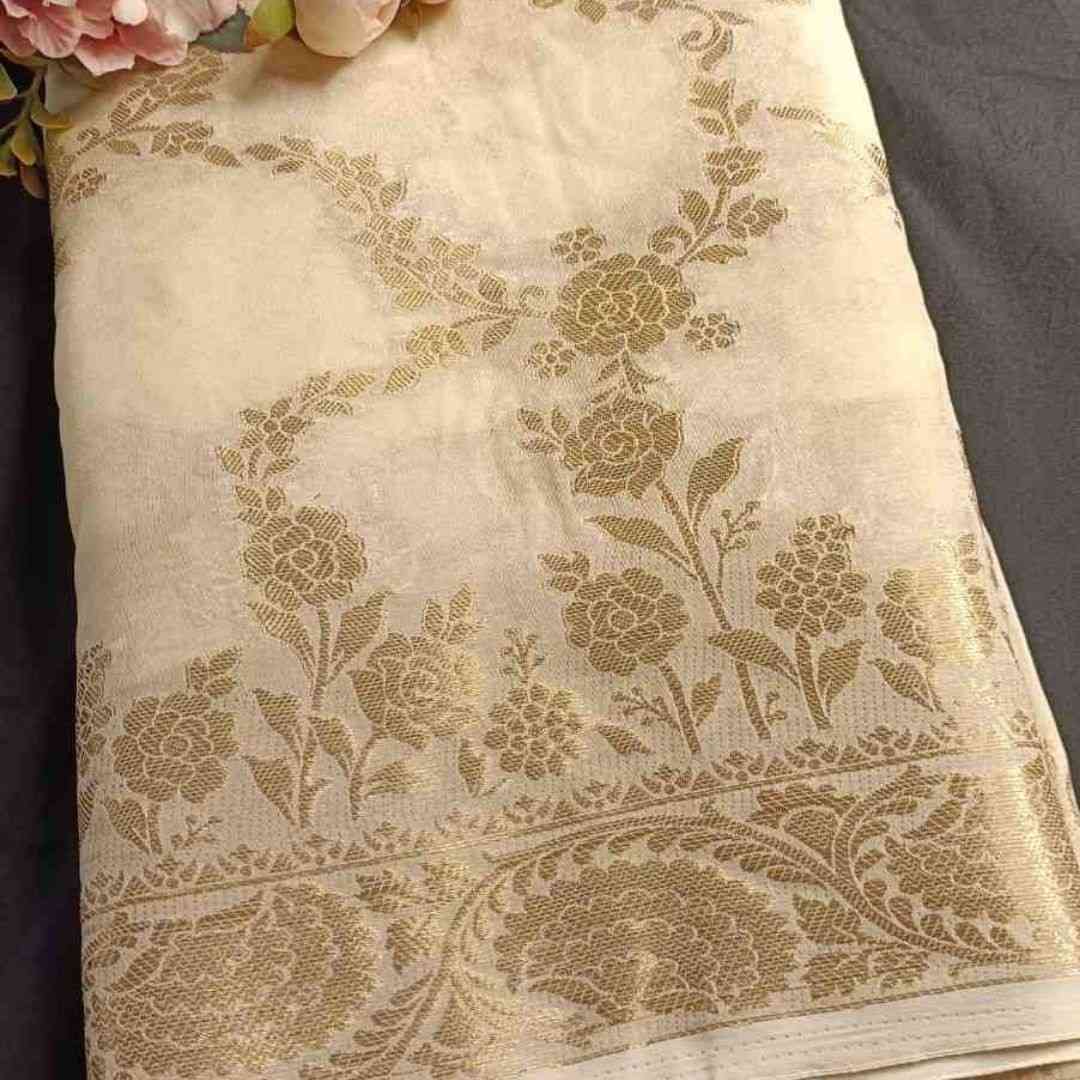 OFF-WHITE ROSE JAAL BANARASI GEORGETTE SAREE