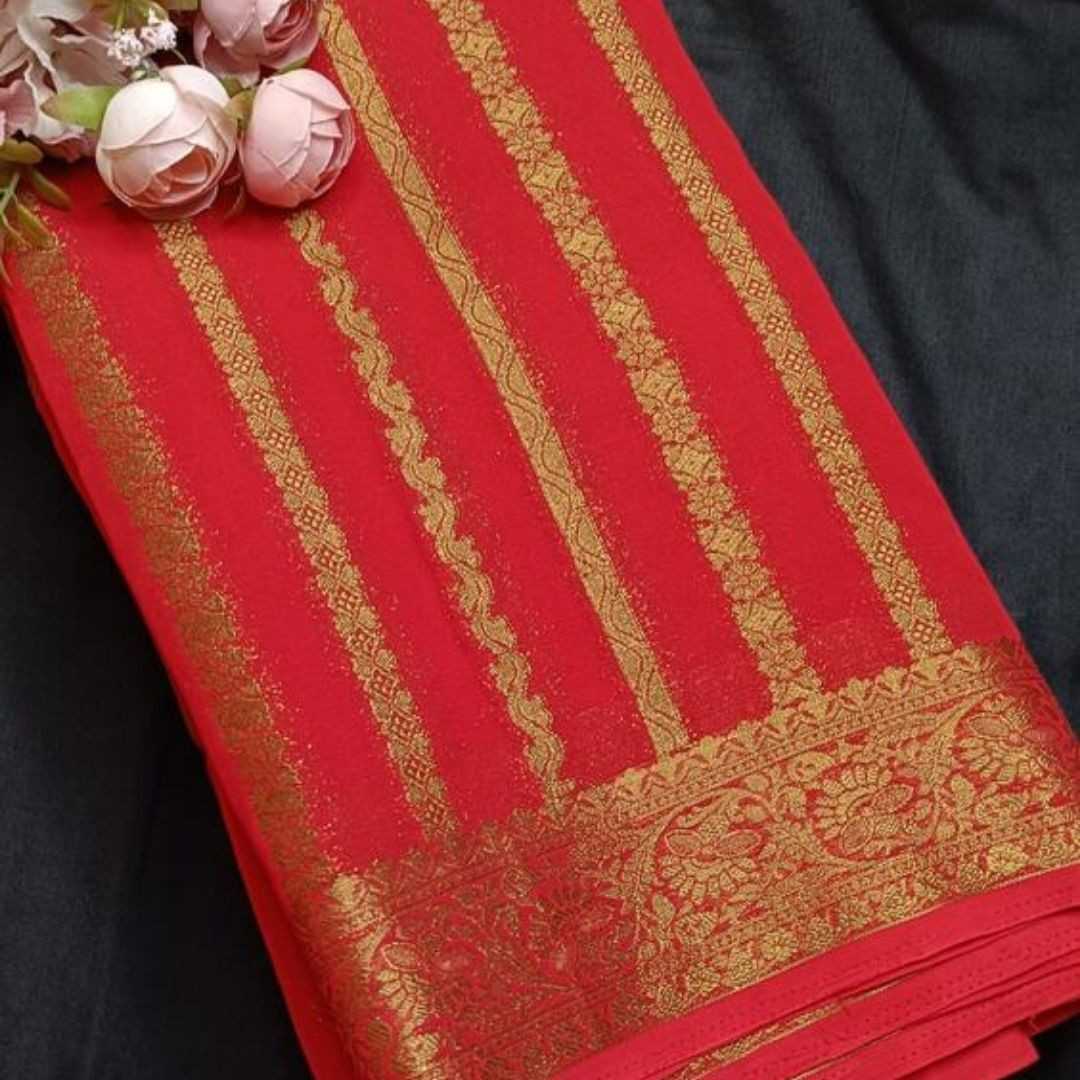 RED STRIPED BANARASI KHADDI GEORGETTE SAREE (Copy)