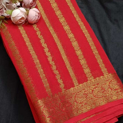 RED STRIPED BANARASI KHADDI GEORGETTE SAREE (Copy)