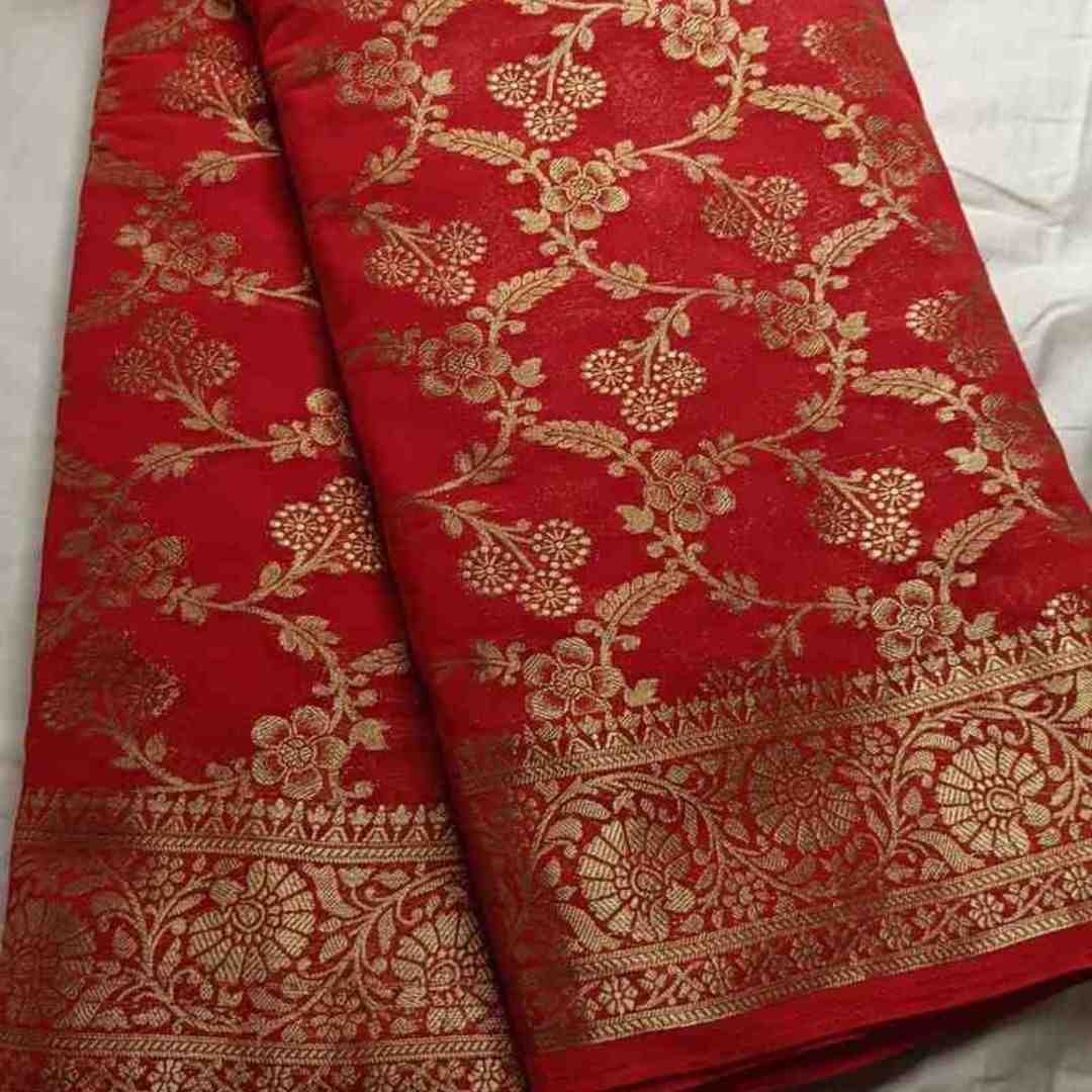 RED TRIFLORAL JAAL BANARASI KHADDI GEORGETTE SAREE
