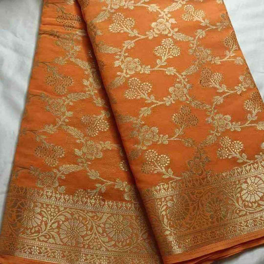 ORANGE TRIFLORAL JAAL BANARASI KHADDI GEORGETTE SAREE