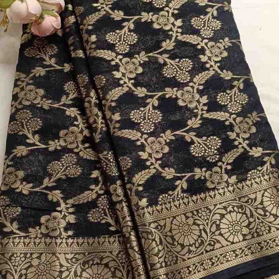 NAVY BLACK TRIFLORAL JAAL BANARASI KHADDI GEORGETTE SAREE