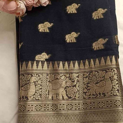 BLACK ELEPHANT BANARASI KHADDI GEORGETTE SAREE