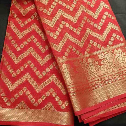 RED ZIGZAG LEHARIYA BANARASI KHADDI GEORGETTE SAREE