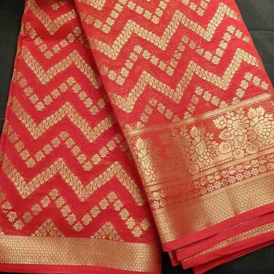 RED ZIGZAG LEHARIYA BANARASI KHADDI GEORGETTE SAREE