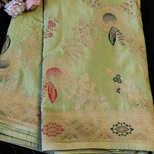 LIGHT GREEN FLORAL JAAL BANARASI VISCOSE SAREE
