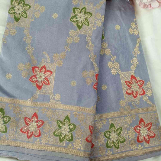 GREYISH BLUE FLORAL JAAL MEENA BANARASI VISCOSE SAREE