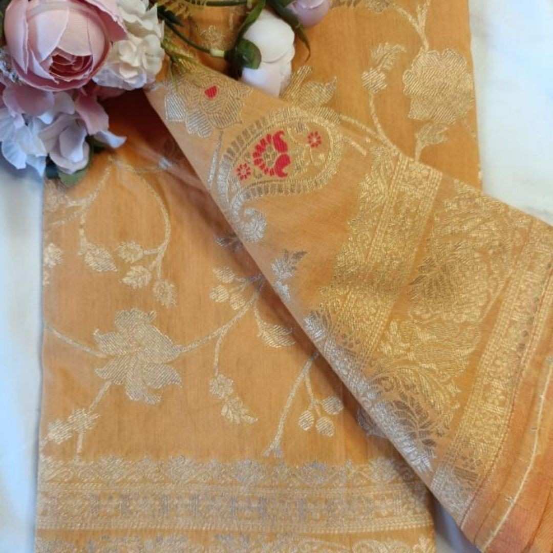 CARROT ORANGE FLORAL JAAL MEENA BANARASI VISCOSE SAREE