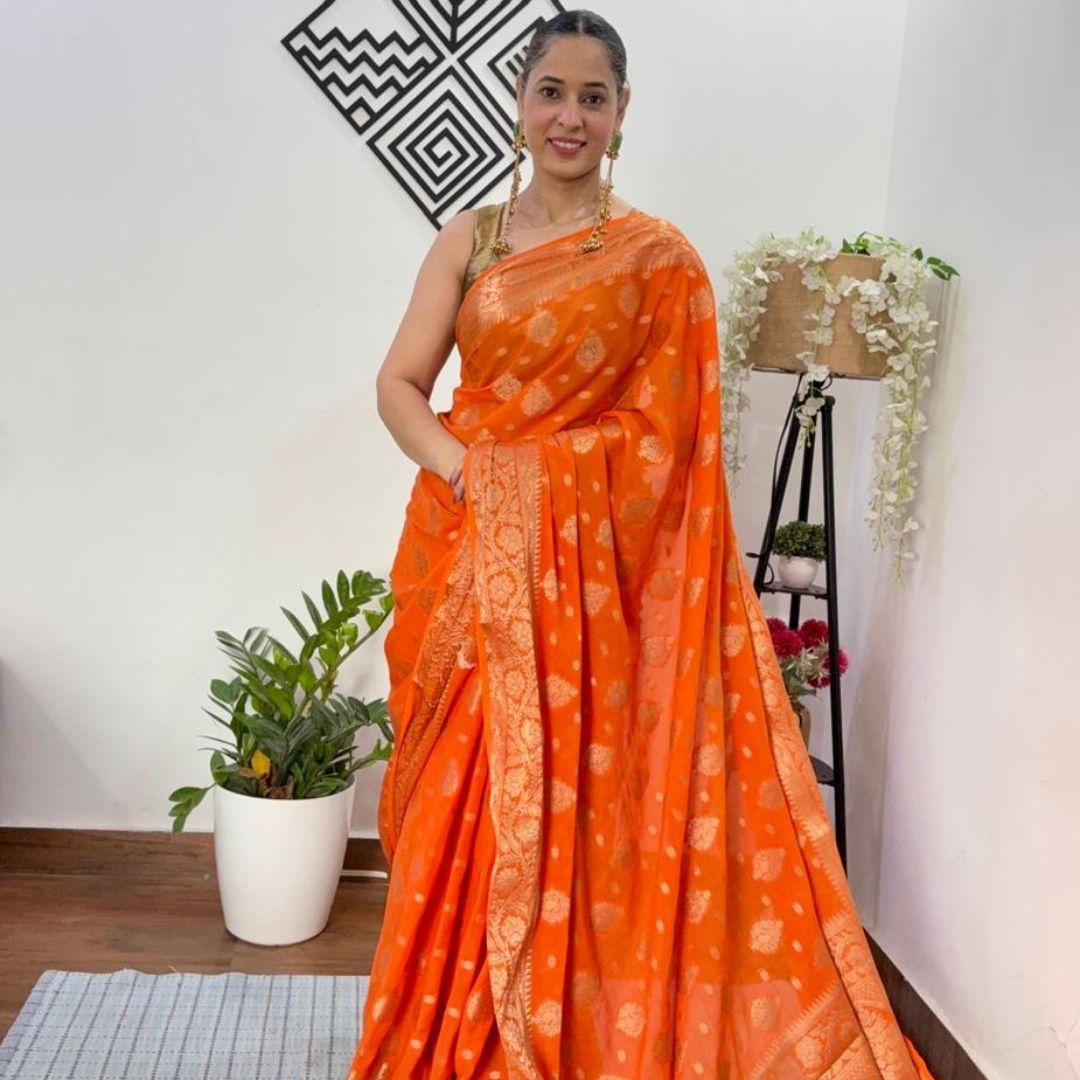 ORANGE MANGO LEAF BUTTA BUTI BANARASI GEORGETTE SAREE