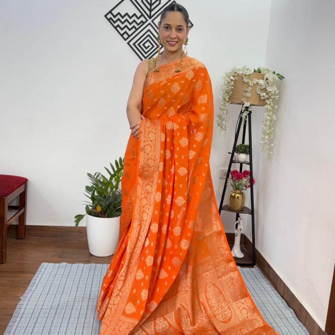 ORANGE MANGO LEAF BUTTA BUTI BANARASI GEORGETTE SAREE