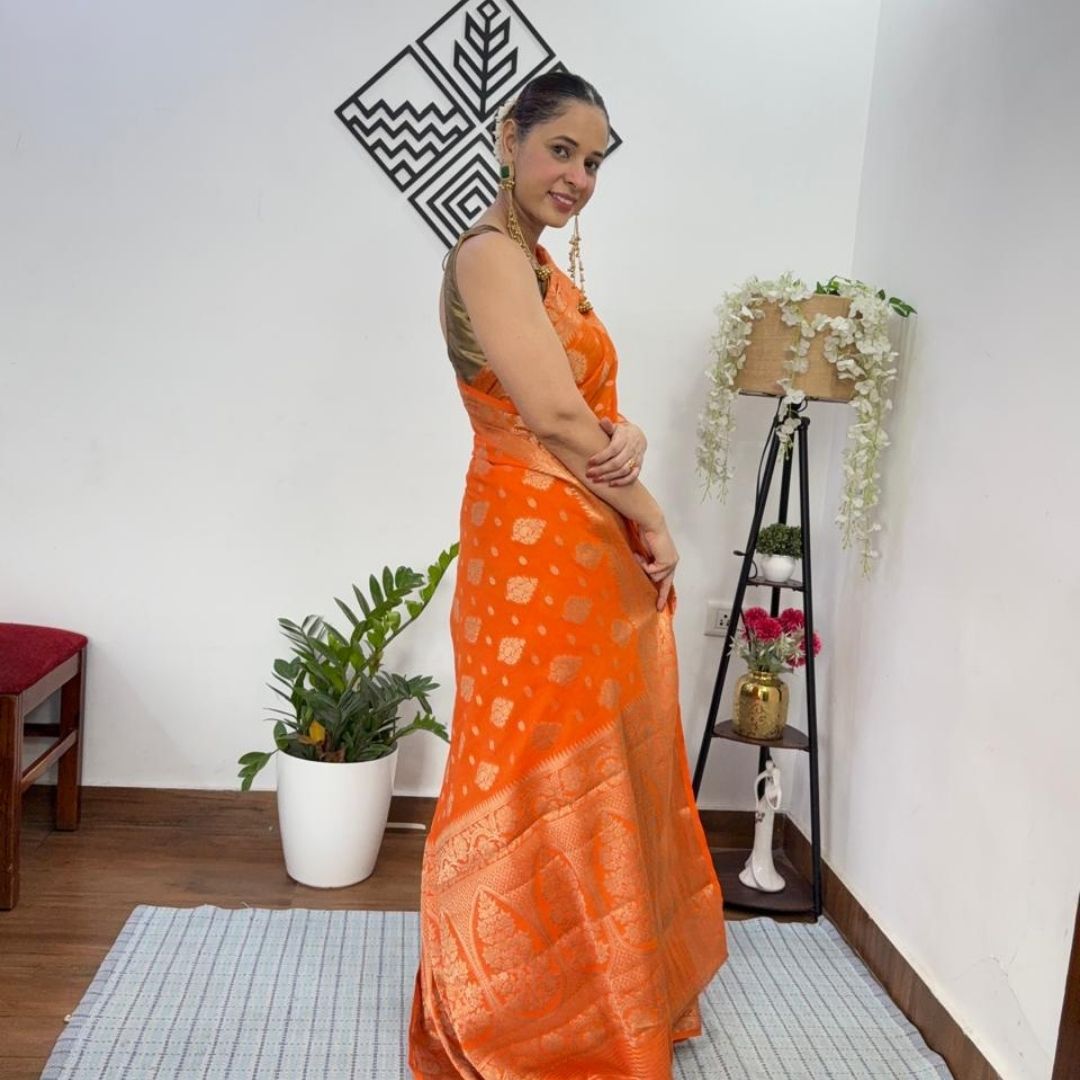 ORANGE MANGO LEAF BUTTA BUTI BANARASI GEORGETTE SAREE