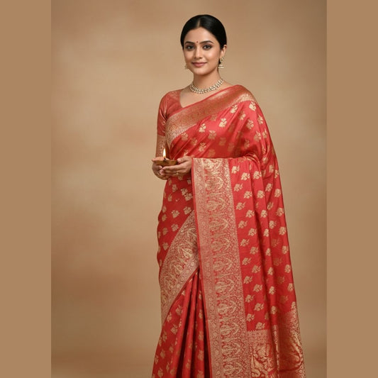 RED PARROT PEACOCK ROSE BUTTA MOTIFS BANARASI SEMI SILK SAREE