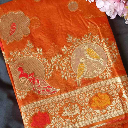 ORANGE PARROT PARTY BANARASI ORGANZA SAREE