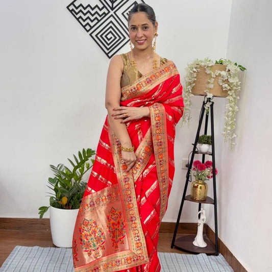 RED LEHARIYA SEQUIN BANARASI KATAN SILK SAREE