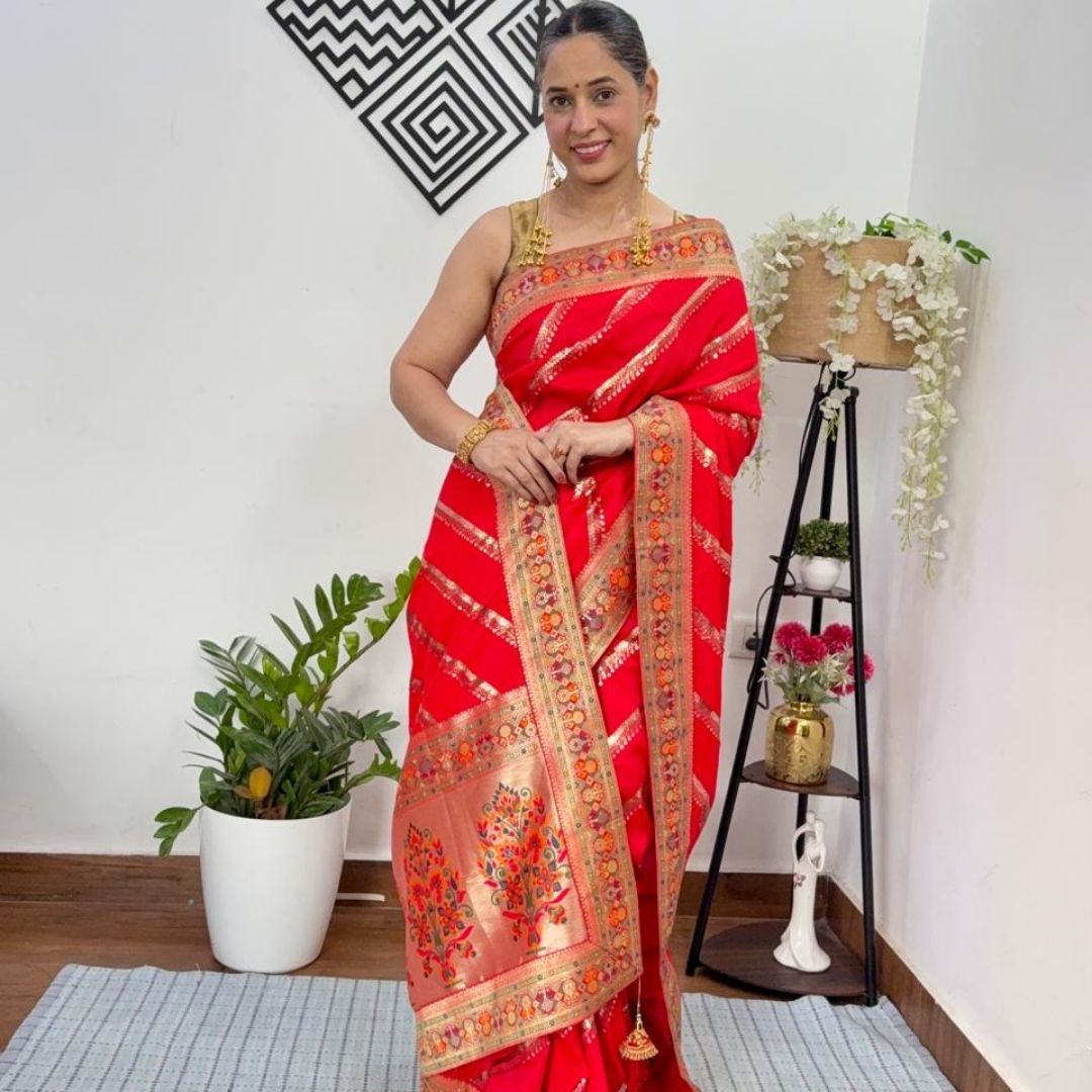 RED LEHARIYA SEQUIN BANARASI KATAN SILK SAREE