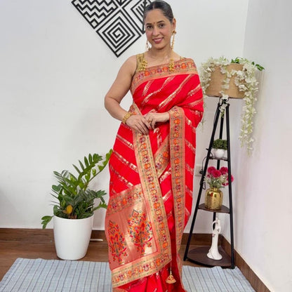 RED LEHARIYA SEQUIN BANARASI KATAN SILK SAREE