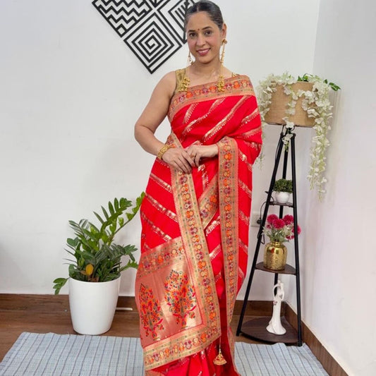 RED LEHARIYA SEQUIN BANARASI KATAN SILK SAREE