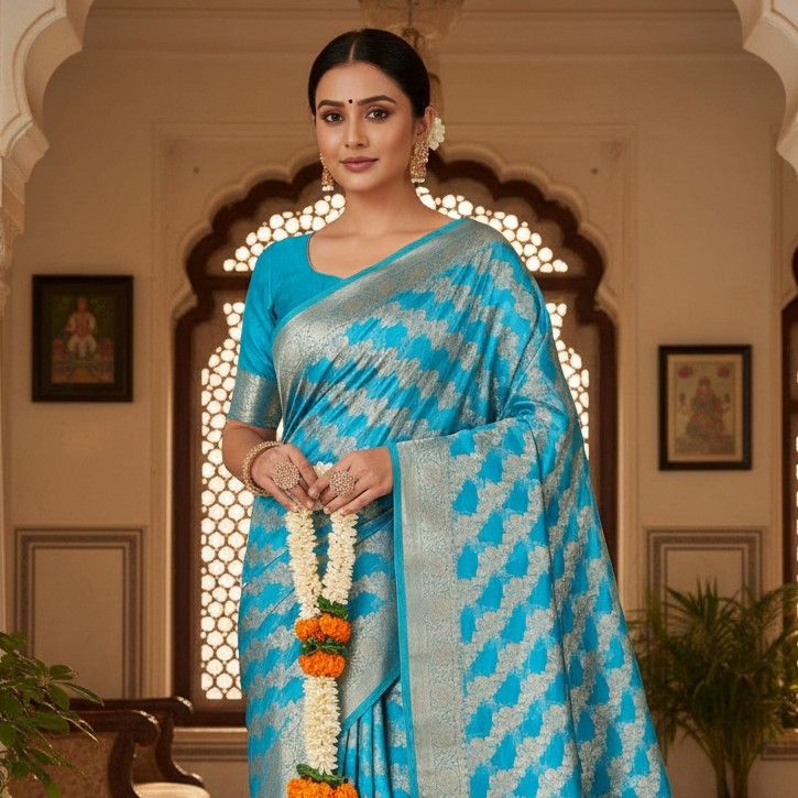 BLUE LEHARIYA PARTY ORGANZA BANARASI SAREE