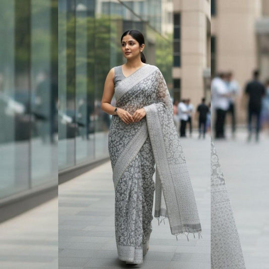 GREY FLORAL BANARASI COTTON WEAVE SAREE