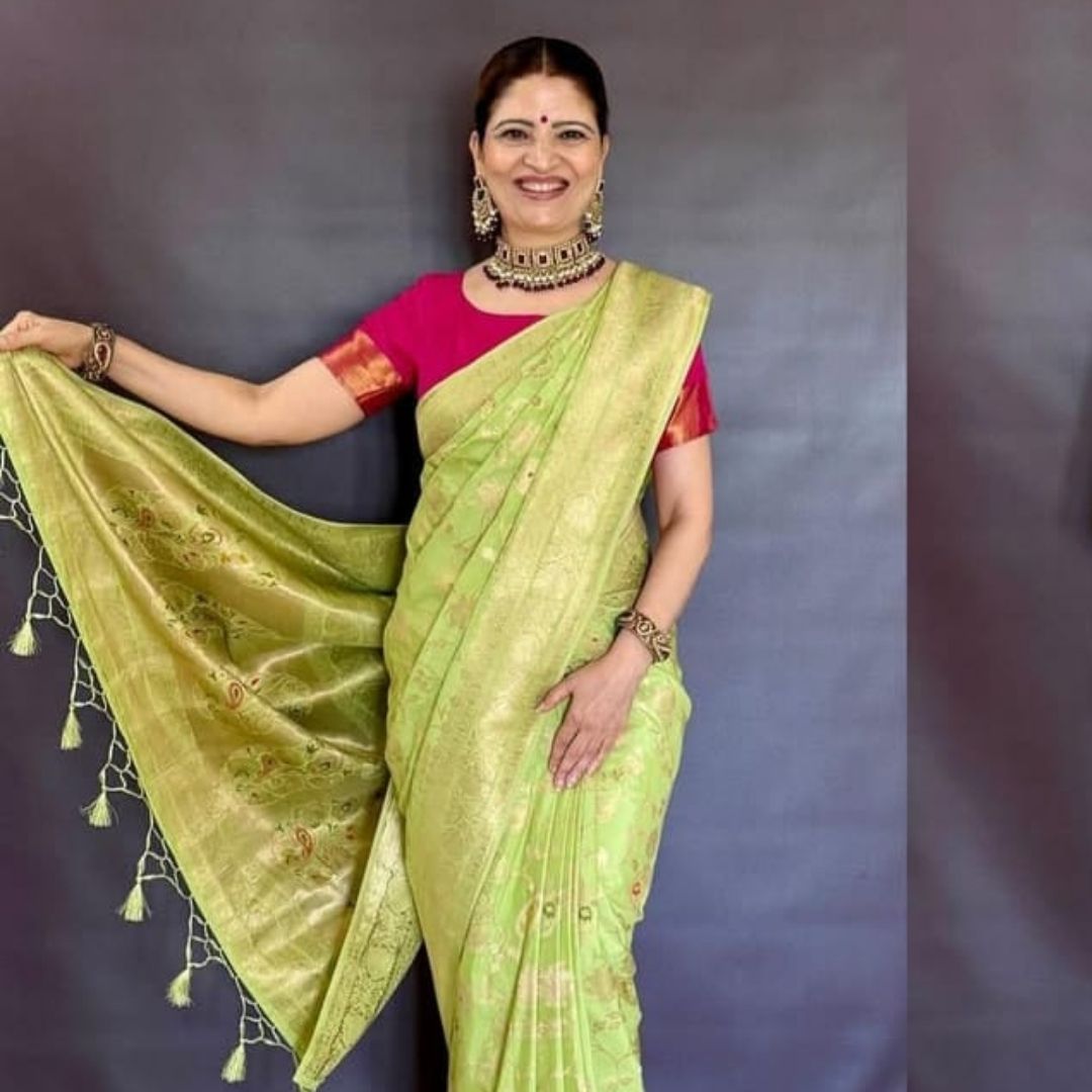 LIGHT GREEN MANGO MEENA BANARASI VISCOSE SAREE