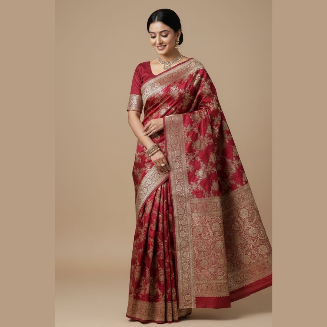 RED FLORAL JAAL BANARASI SATIN SILK SAREE