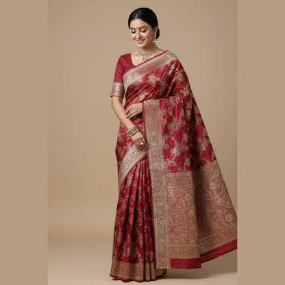 RED FLORAL JAAL BANARASI SATIN SILK SAREE