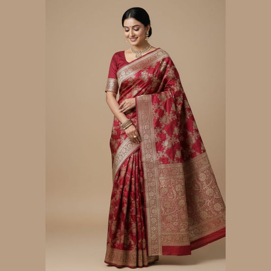 RED FLORAL JAAL BANARASI SATIN SILK SAREE