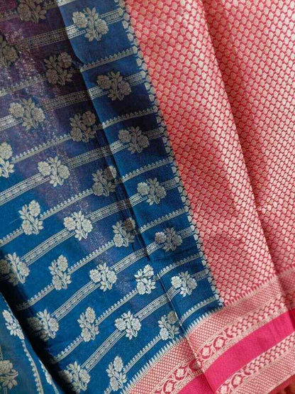 BLUE STRIPED FLORAL BANARASI WAAM SILK SAREE