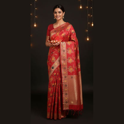 RED FLORAL JAAL PANCH MEENA BANARASI SEMI SILK SAREE