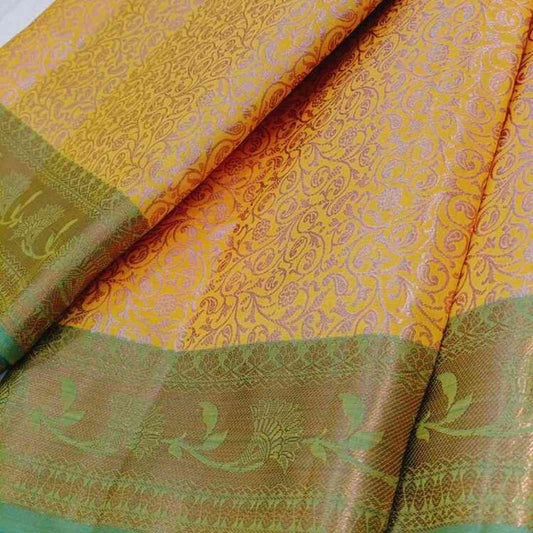 MUSTARD YELLOW FLORAL TANCHUI BROCADE SILK SAREE