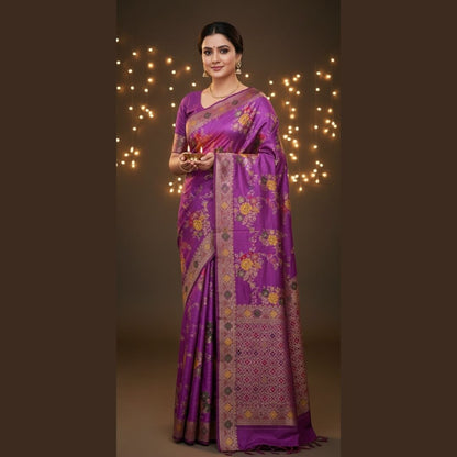 LILAC FLORAL JAAL PANCH MEENA BANARASI SEMI SILK SAREE
