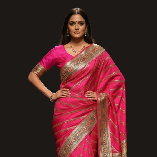 PINK LEHARIYA SEQUIN BANARASI KATAN SILK SAREE