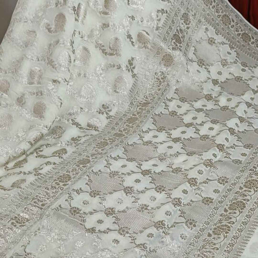 OFF WHITE FLORAL JAAL PURE BANARASI KHADDI GEORGETTE SAREE