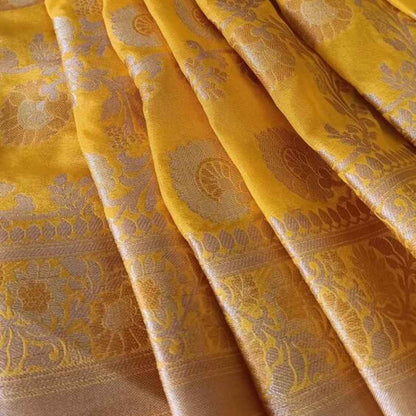 YELLOW FLORAL JAAL BANARASI CHINON SILK SAREE