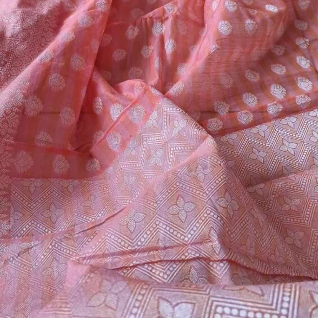 PEACH BUTTA BUTI COTTON WEAVE BANARASI SAREE
