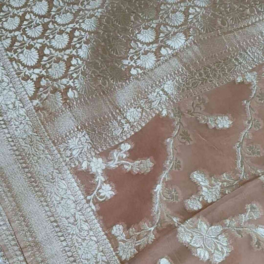SKIN BROWN FLORAL JAAL PURE BANARASI KHADDI GEORGETTE SAREE